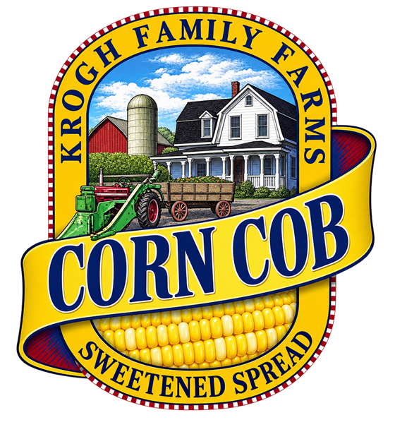Krogh Family Farms Corn Cob Sweetened Spread logo: a farmhouse, barn and corn picker above a blue Corn Cob ribbon